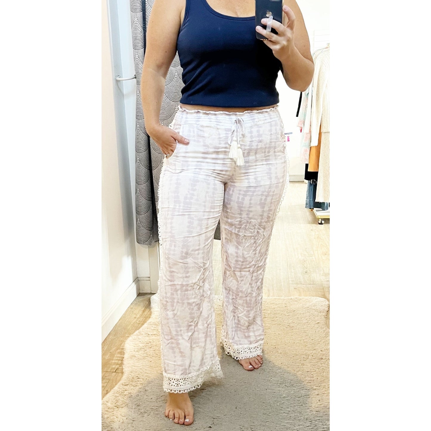 Surf Gypsy Tie Dye Smocked Drawstring Crochet Hem Wide Leg Pants White Purple