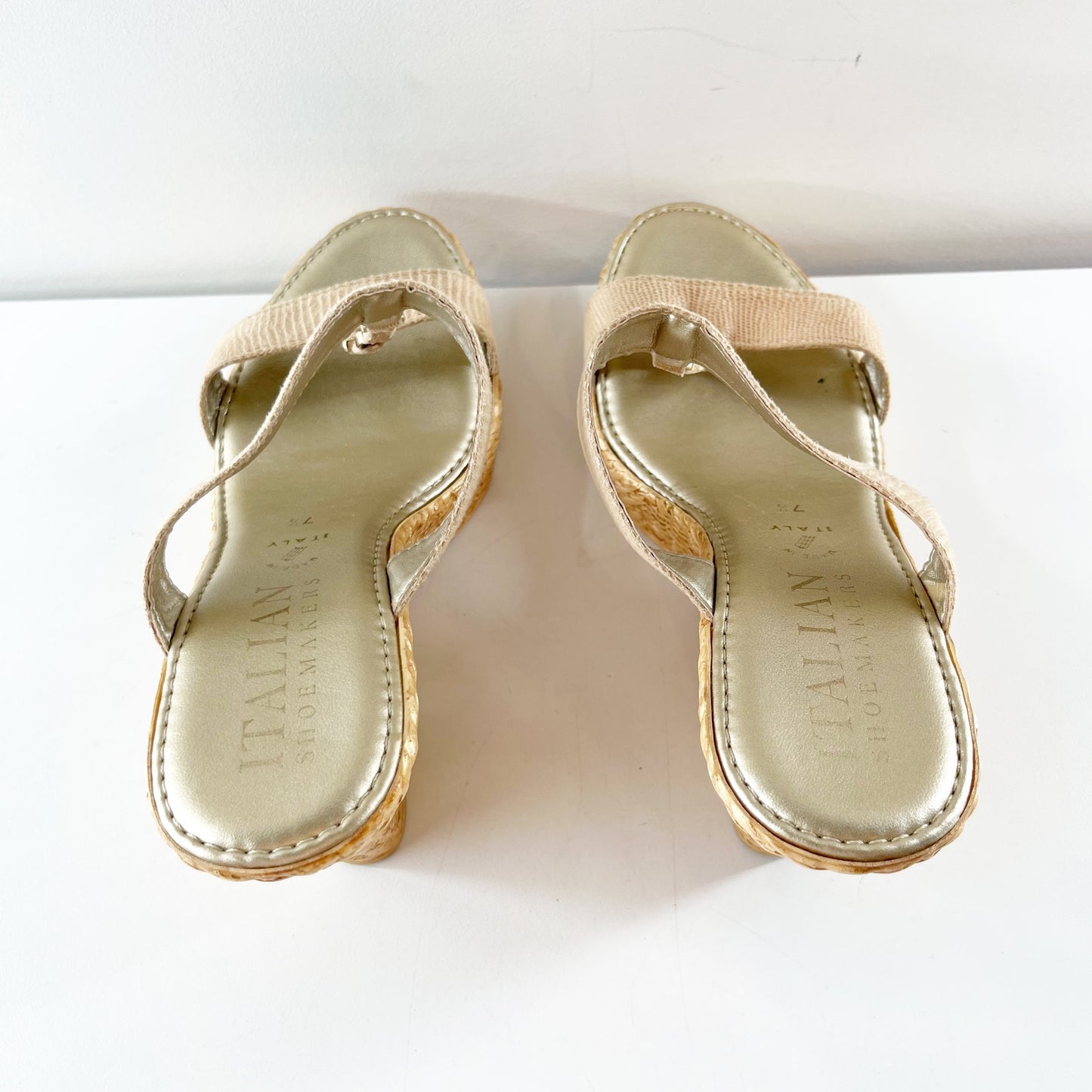 Italian Shoemakers Aida Wedge Leather Sandals Tan Beige 7.5