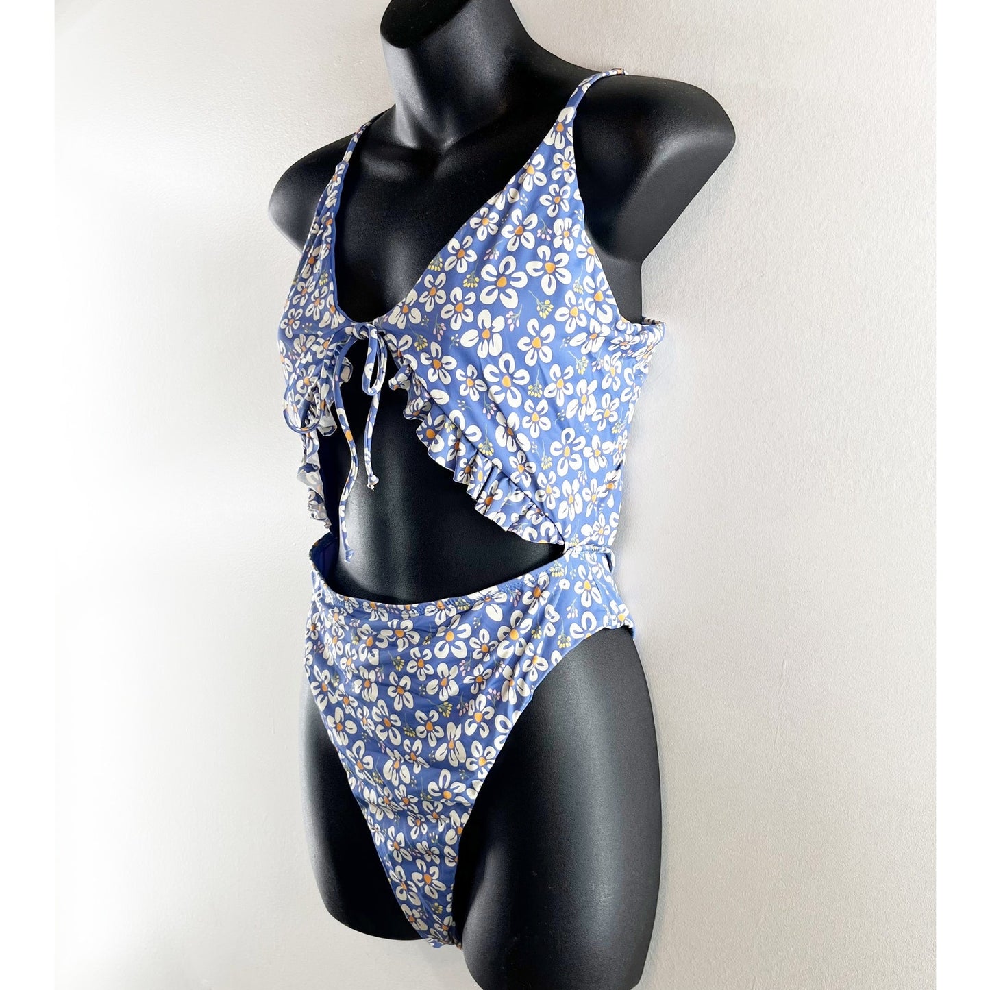 Dippin Daisys Floral Cutout One Piece Swimsuit Bathing Suit Blue Large
