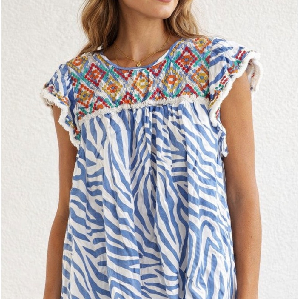 THML Embroidered Ruffle Sleeve Zebra Print Blouse Top Blue White XS
