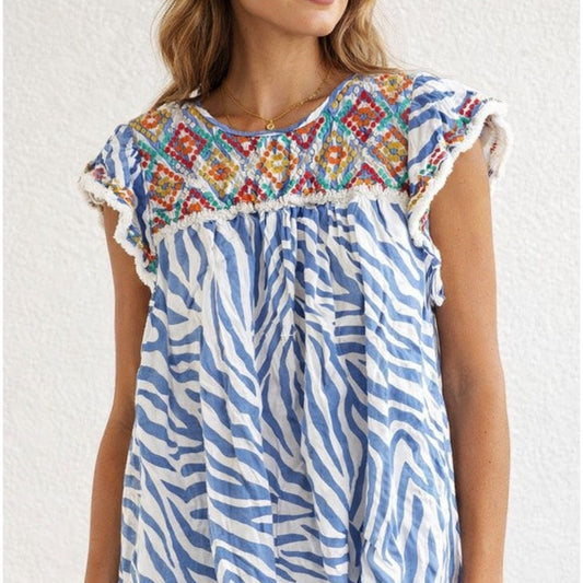 THML Embroidered Ruffle Sleeve Zebra Print Blouse Top Blue White XS