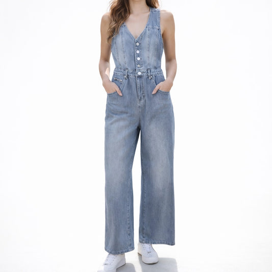 Sincerely Jules Sleeveless Button Up Wide Leg Denim Jumpsuit Blue Medium