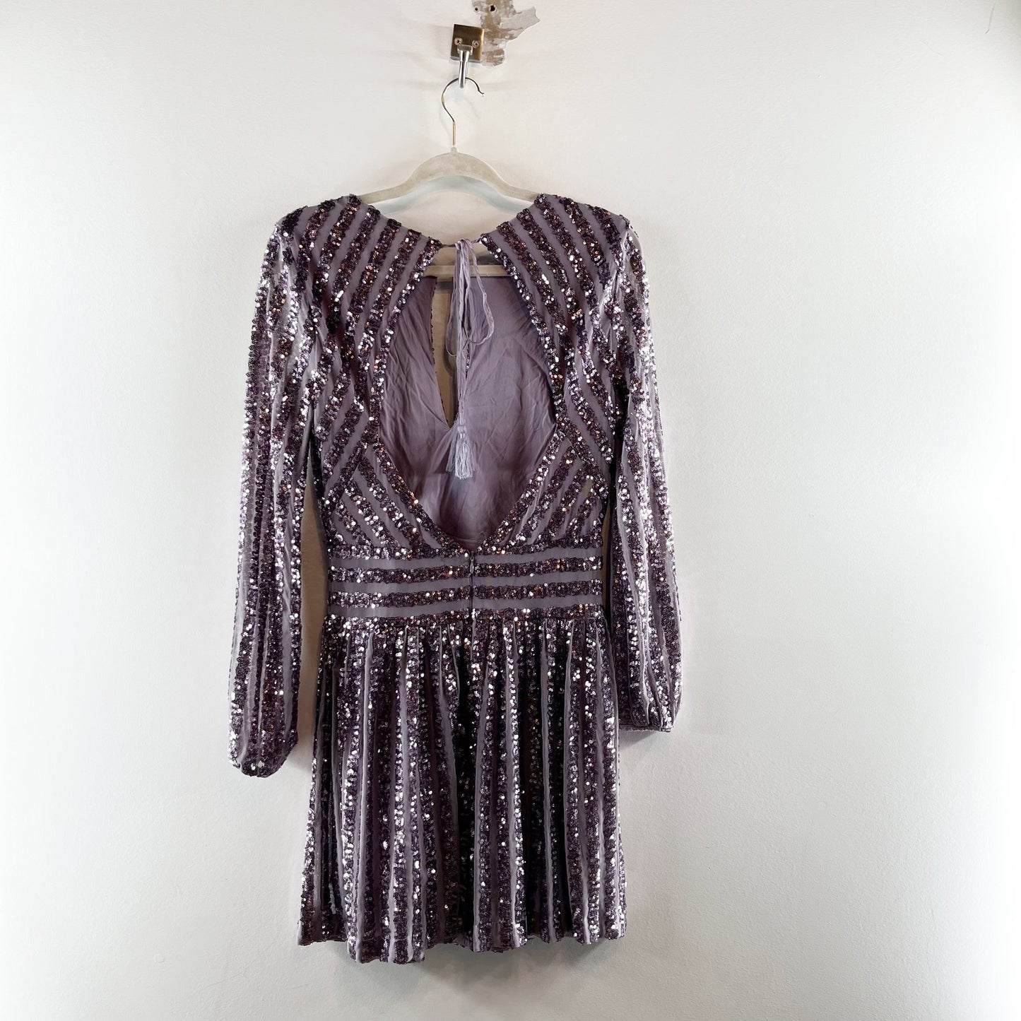 Anthropologie Open Back Long Sleeve Sequin Mini Dress Lilac Purple 4