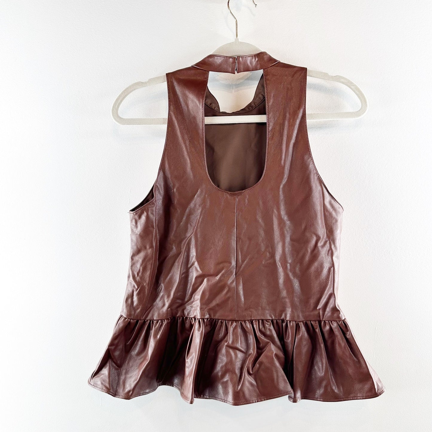 Amanda Uprichard Faux Leather Anders Peplum Ruffle Tank Top Brown Small