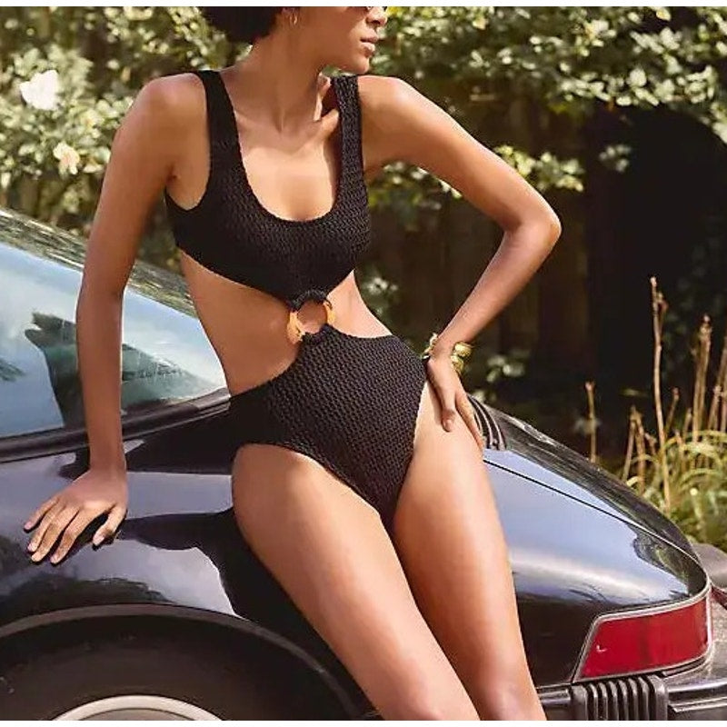 Montce Ky High Cut Faux Tortoise Shell One Piece Swimsuit Black Ribbed XL