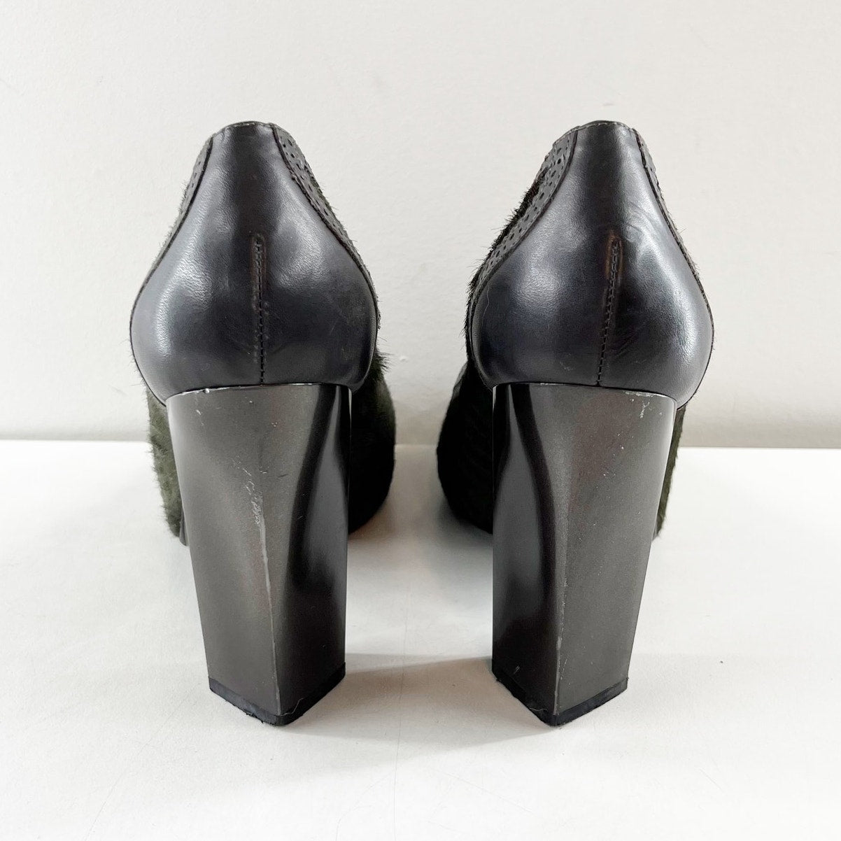 Diane Von Furstenberg Pony Calf Hair Leather Peep Toe Pumps Heels Green 7.5