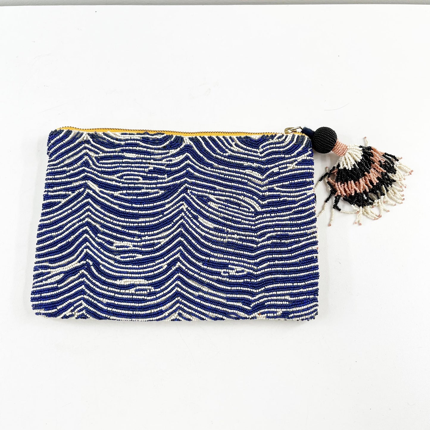 WINK Beaded Pouch Clutch Wallet with Tassel Zip Blue White