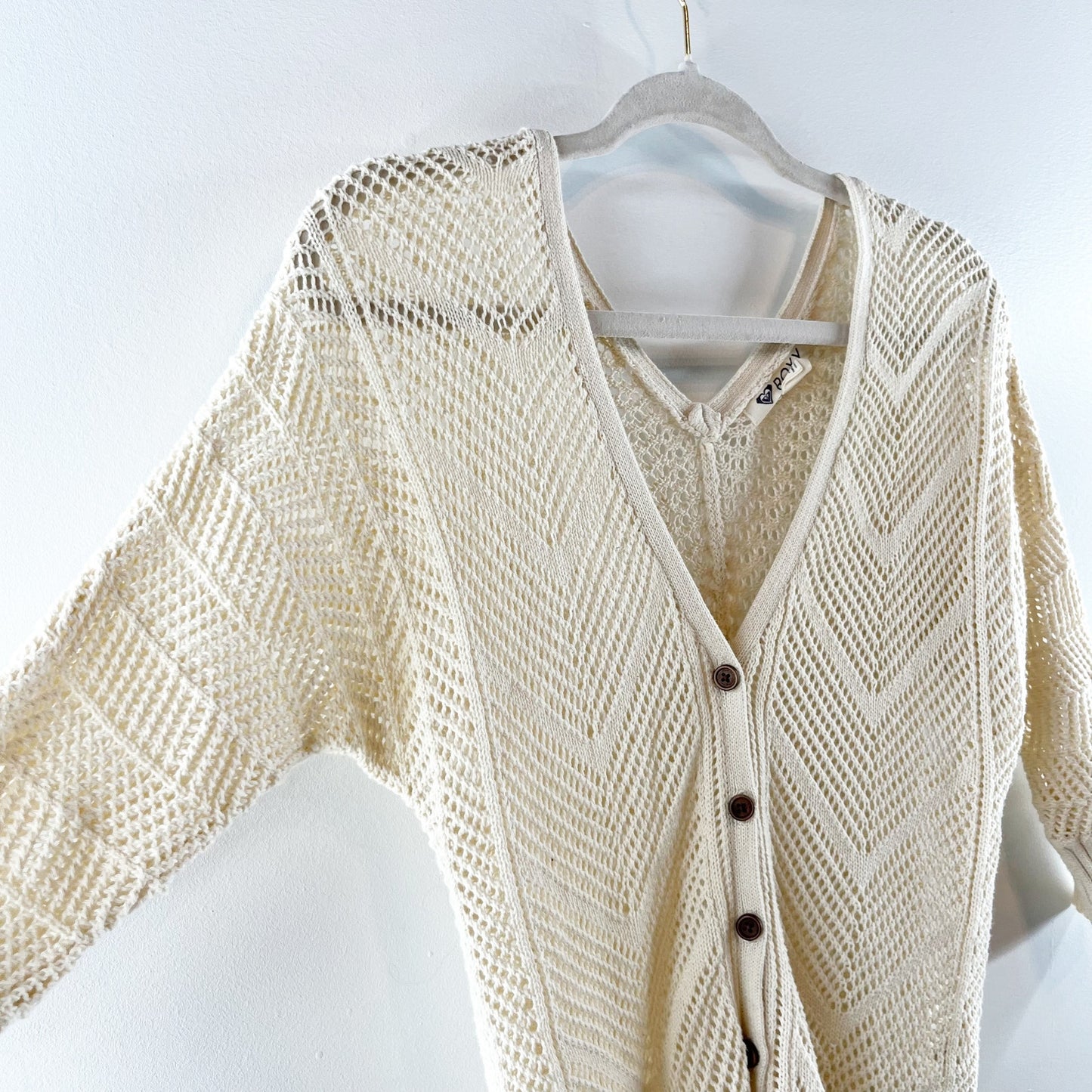 Roxy Turnstone Cotton Crochet Cardigan Sweater Cream Ivory Small