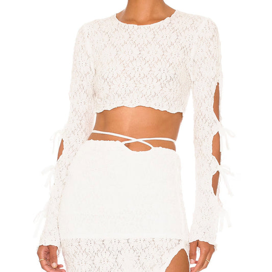 Tularosa Dianne Long Tie Sleeve Cropped Lace Top White XS