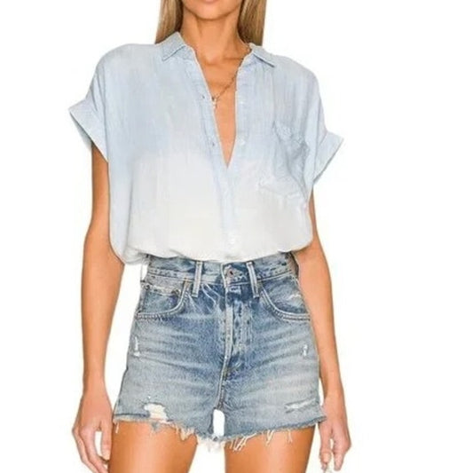 Rails Lex Light Vintage Short Sleeve Button Up Dip Dye Chambray Shirt Blue White