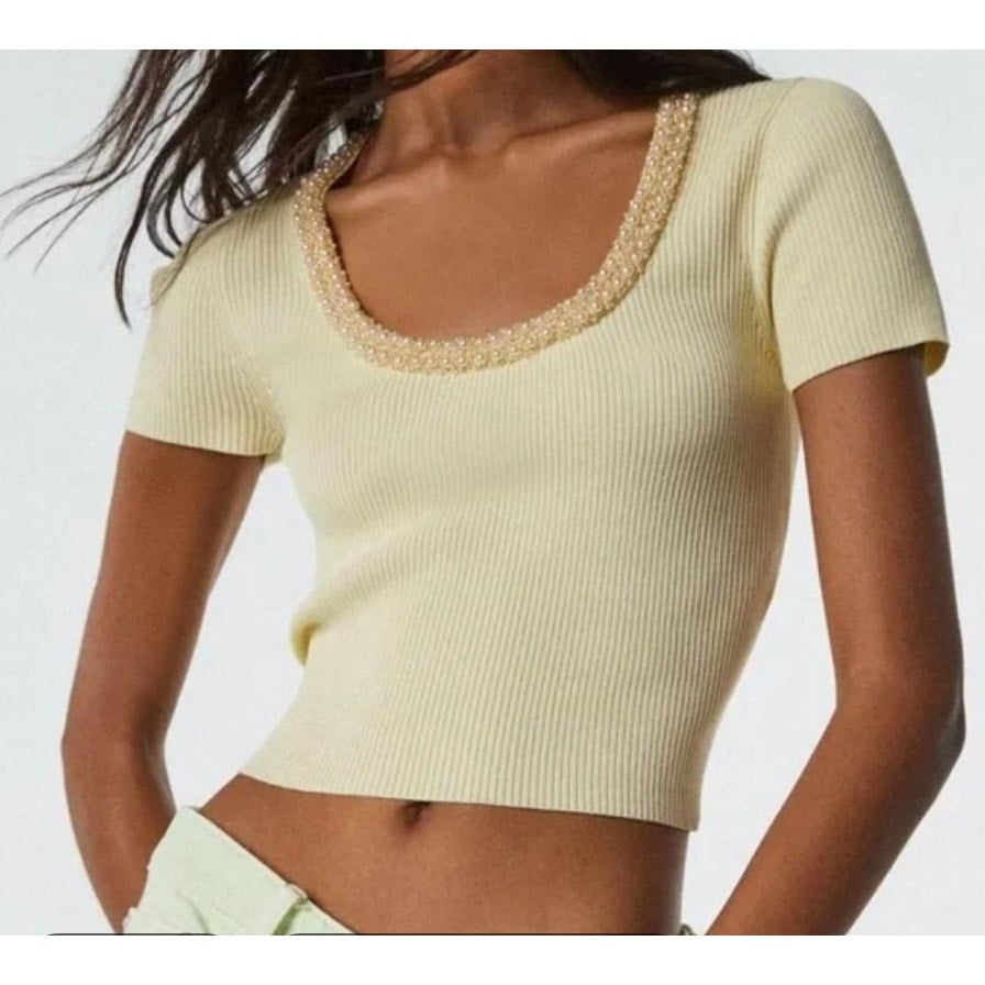 ZARA Pearl Beaded Scoopneck Ribbed Short Sleeve Baby Tee Top Yellow Medium