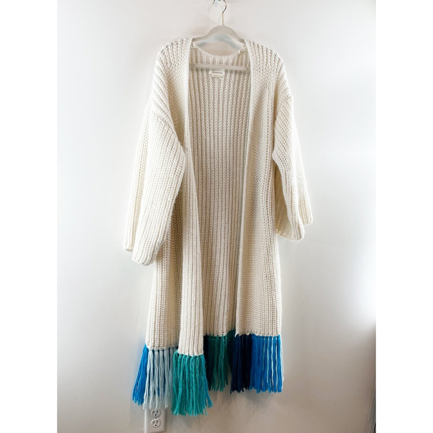 By Anthropologie Fringe Duster Kimono Cardigan Sweater Cream Blue Ombre O/S