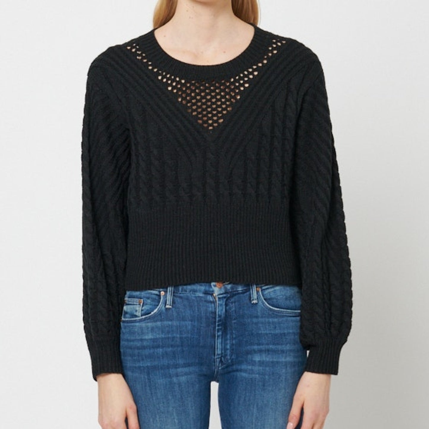 John + Jenn Irving Cotton Blend Long Sleeve Cable Knit Cropped Sweater Black XS