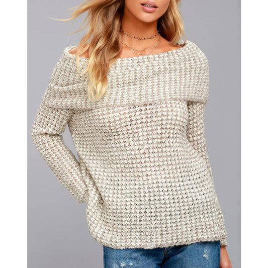 BB Dakota Tegan Long Sleeve Off-the-Shoulder Knit Sweater Beige Cream XS