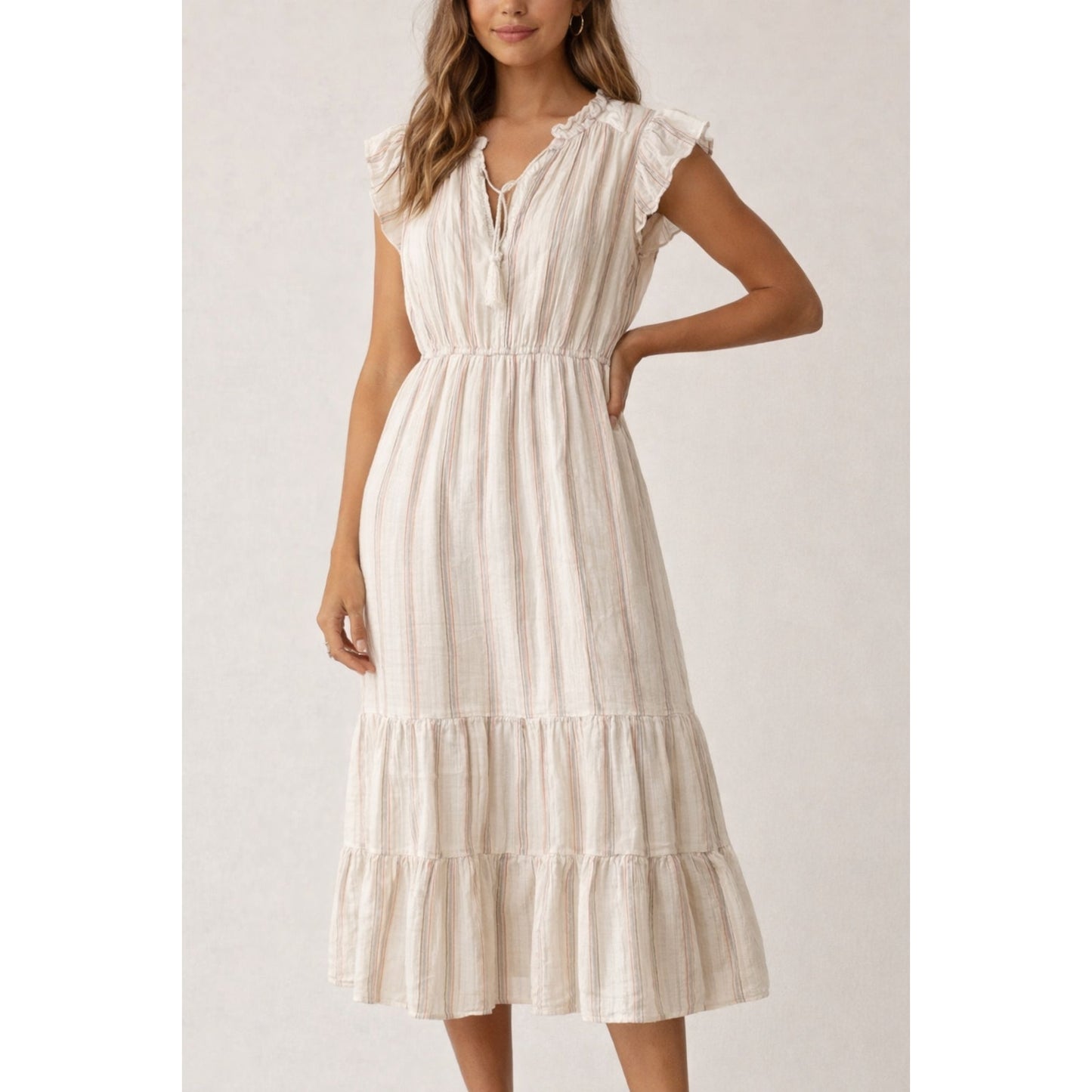 Ady P Striped Tiered Ruffle Shoulder Cotton Midi Dress Cream Tan Large
