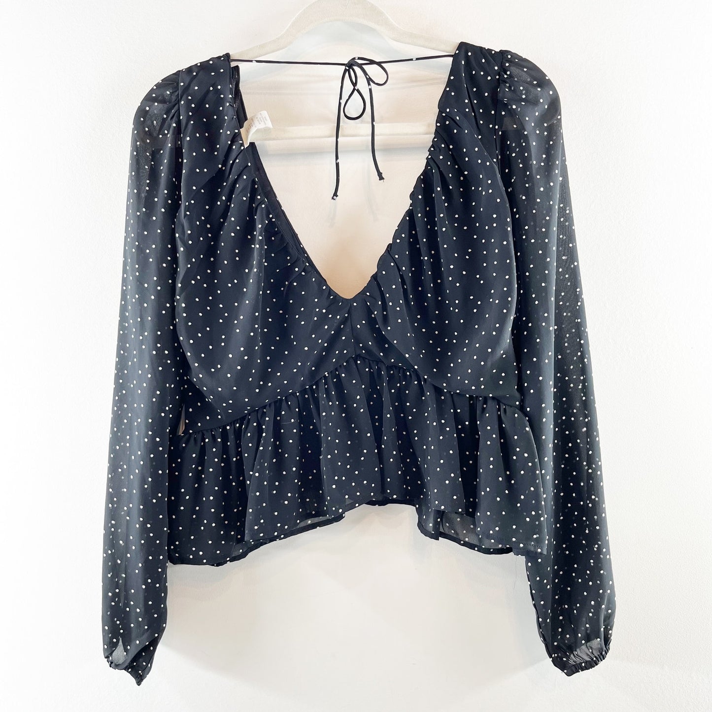 H&M Long Sleeve Polka Dot V Neck Peplum Crop Blouse Shirt Top Black Large