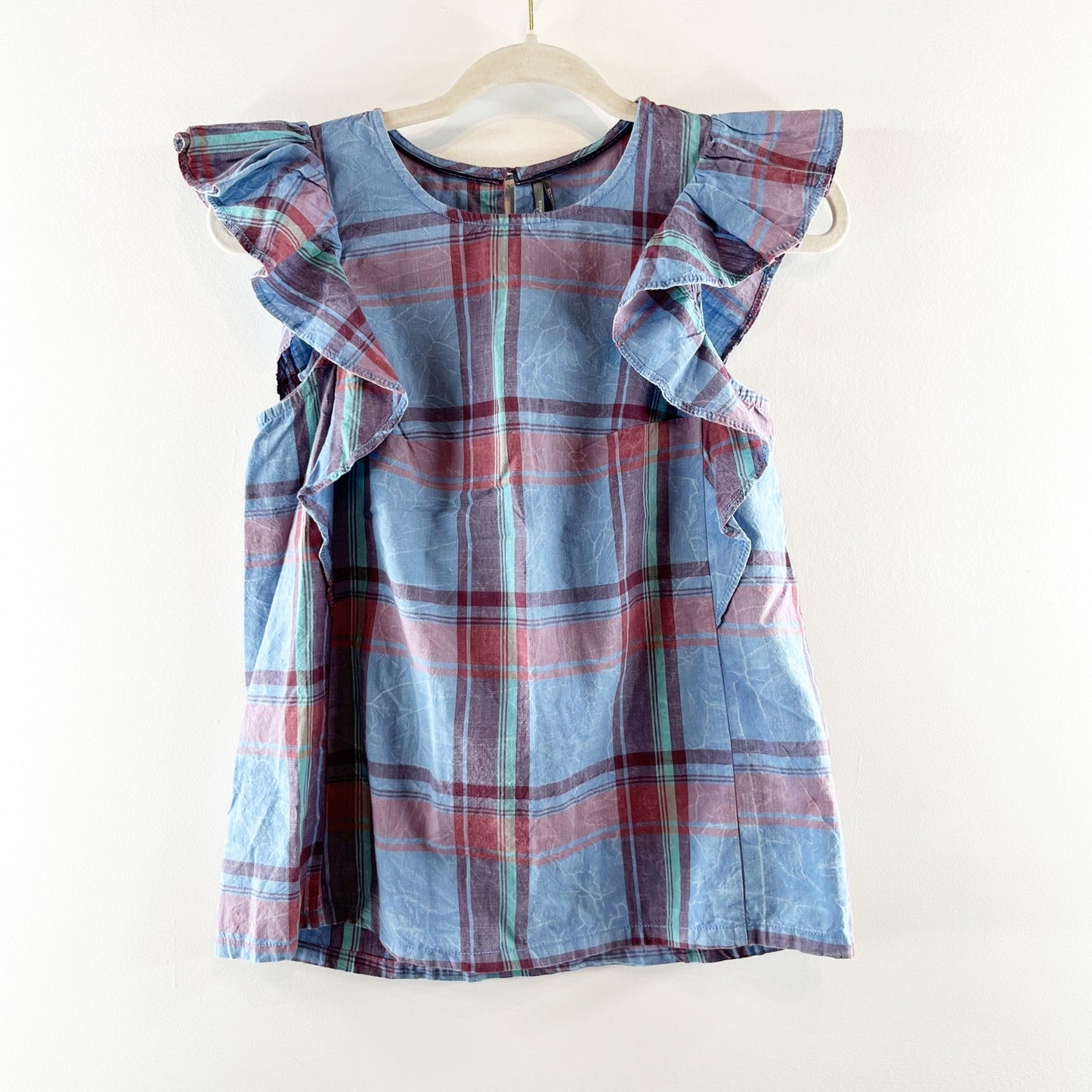 Anthropologie Amarette Plaid Tartan Ruffle Sleeve Top Blouse Blue Red XXS