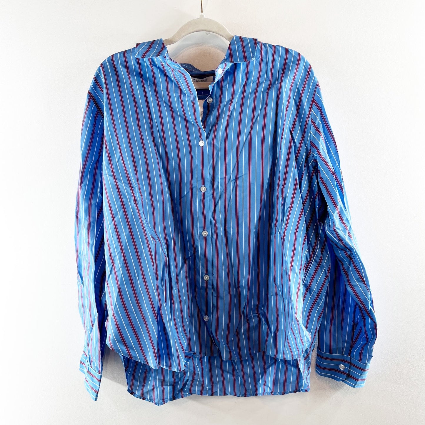 Z Supply Frankie Poplin Long Sleeve Striped Button Down Shirt Pacific Blue XL