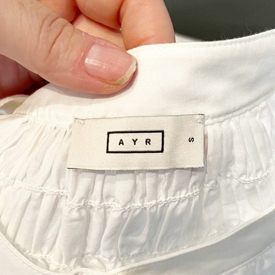 AYR Love Spell Shirred High Neck Elbow Length Cotton Silk Top Blouse White Small