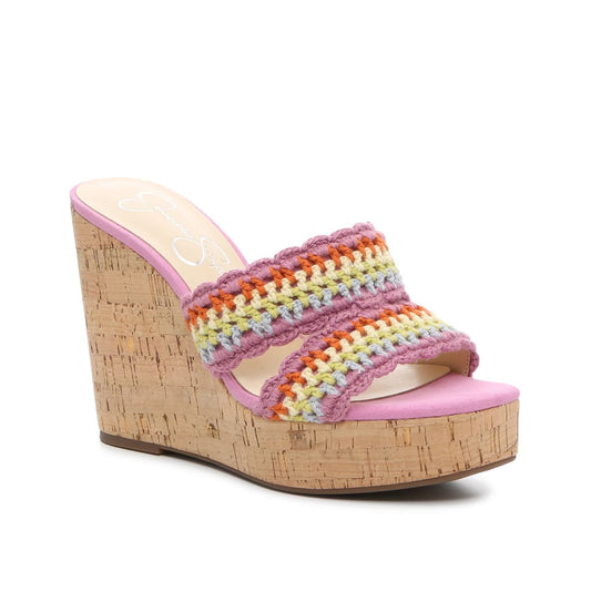 Jessica Simpson Satela Cork Wedge Slip On Crochet Strap Sandal Pink 8.5