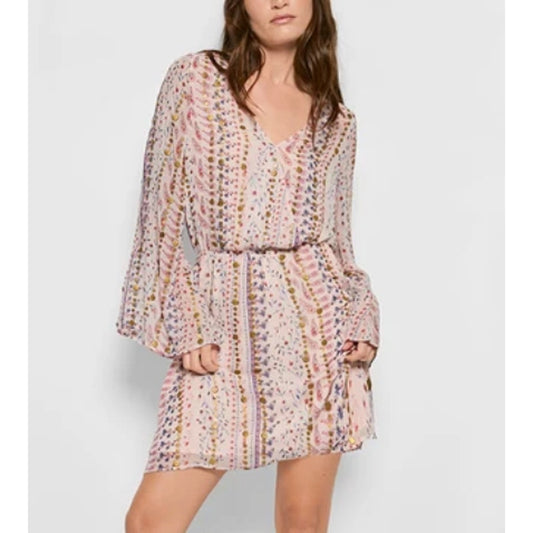 AS by DF Flora Embellished Long Sleeve Silk Mini Dress Pink Small