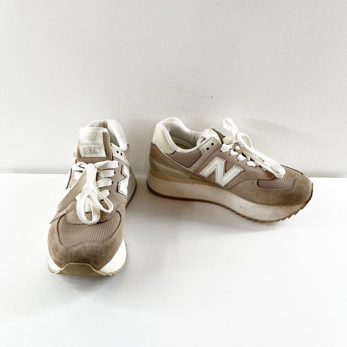 New Balance 574 Stacked Platform Sneakers Tan Beige White 7.5