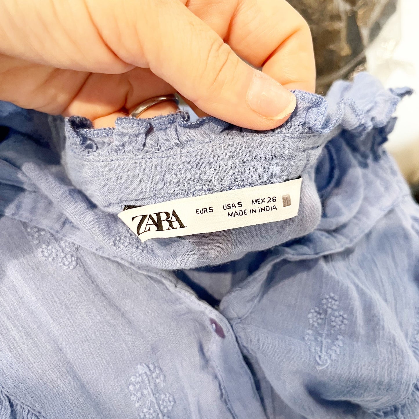 ZARA Long Sleeve Eyelet Ruffle Cotton Blouse Top Blue Small