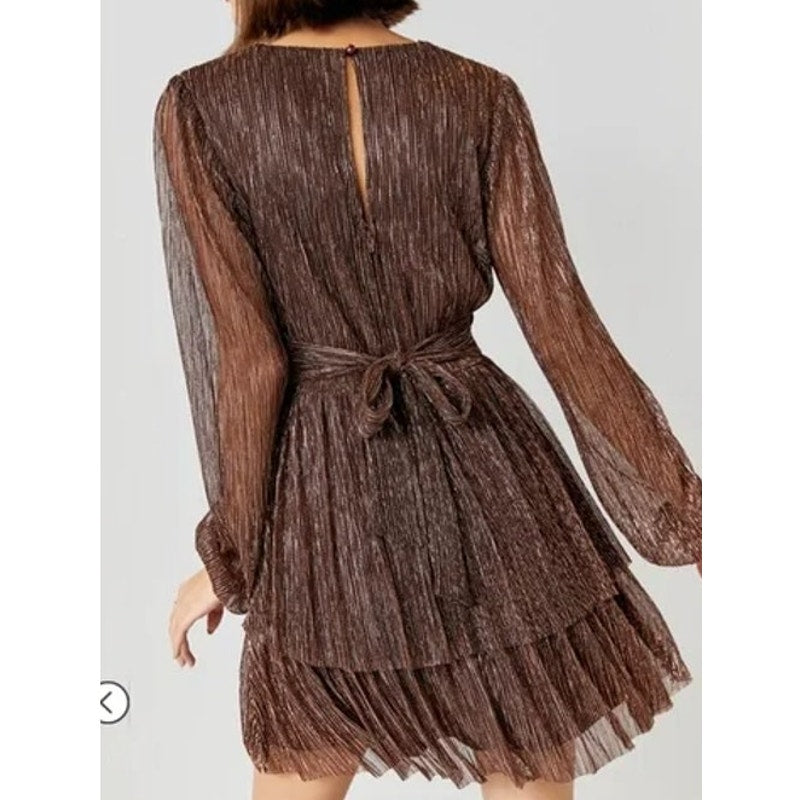 Mi Ami by Francesca's Josephine Shimmer V-Neck Mini Dress Metallic Copper Medium