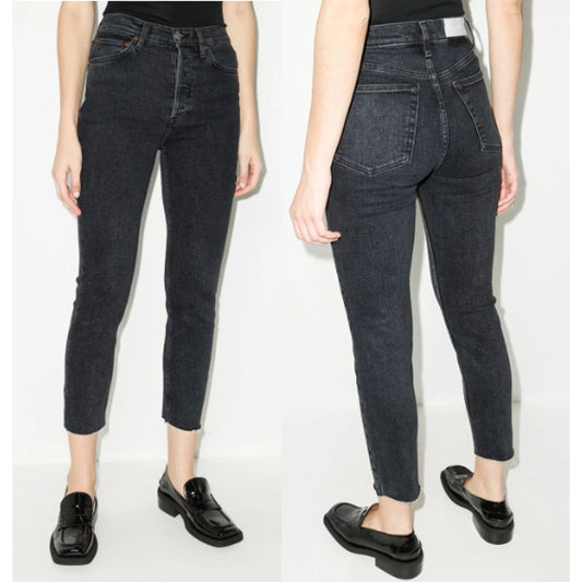 Re/Done 90s High-Rise Button Fly Ankle Frayed Hem Cropped Skinny Jeans Black 25