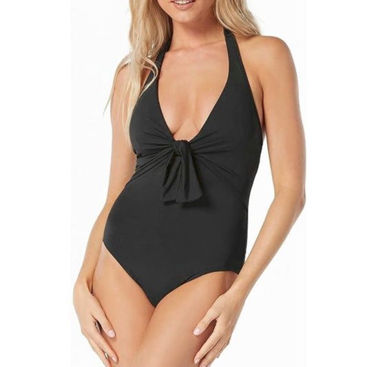 Vince Camuto Plunge V Neck Tie Front Halter One Piece Swimsuit Black 12