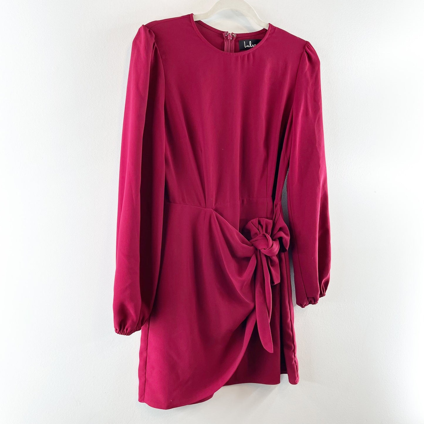 Lulus Believe It or Knot Long Sleeve Tie-Front Skater Dress Wine Red Small