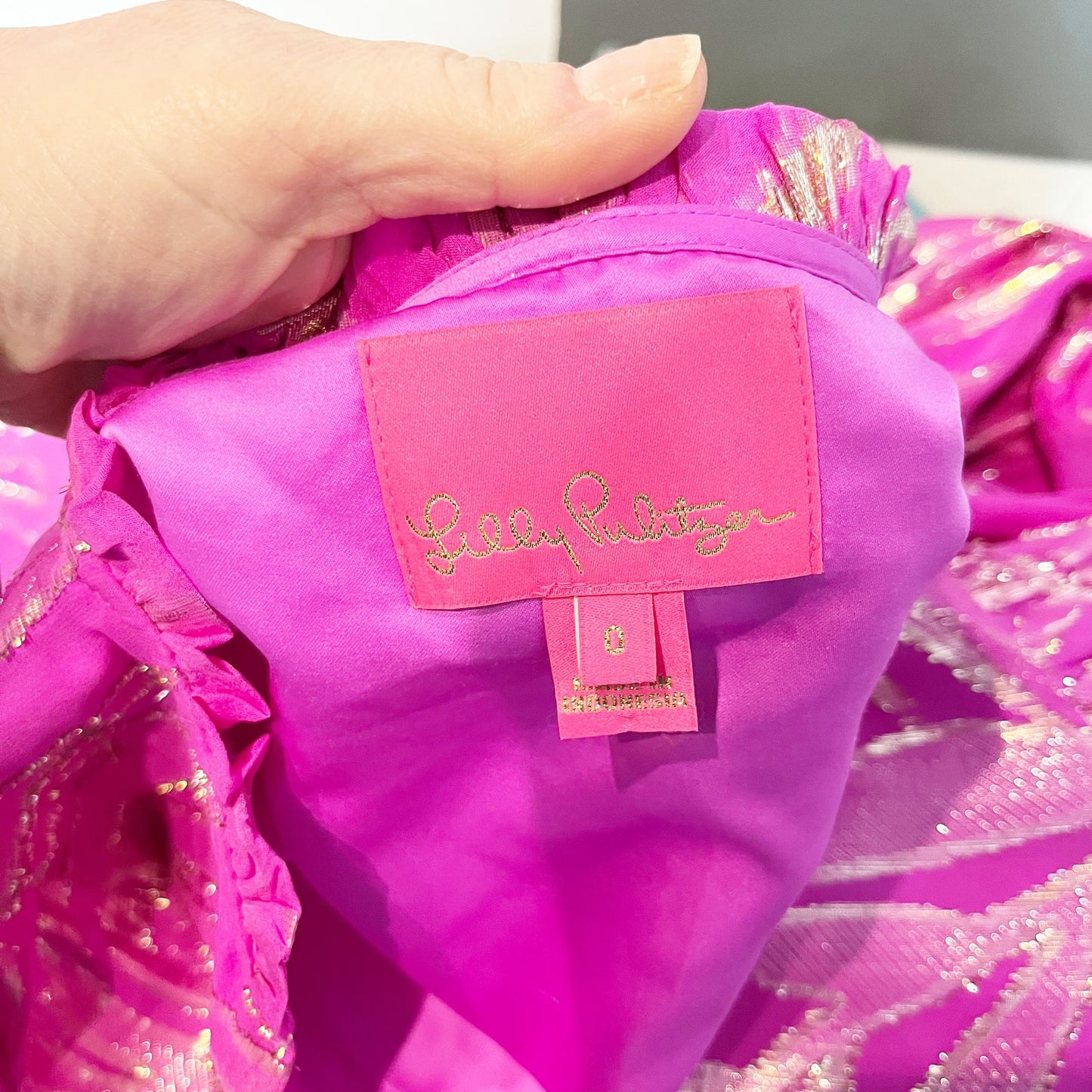 Lilly Pulitzer Sarita Silk Long Sleeve Mini Dress Wild Fuchsia Palm Leaf Pink 0