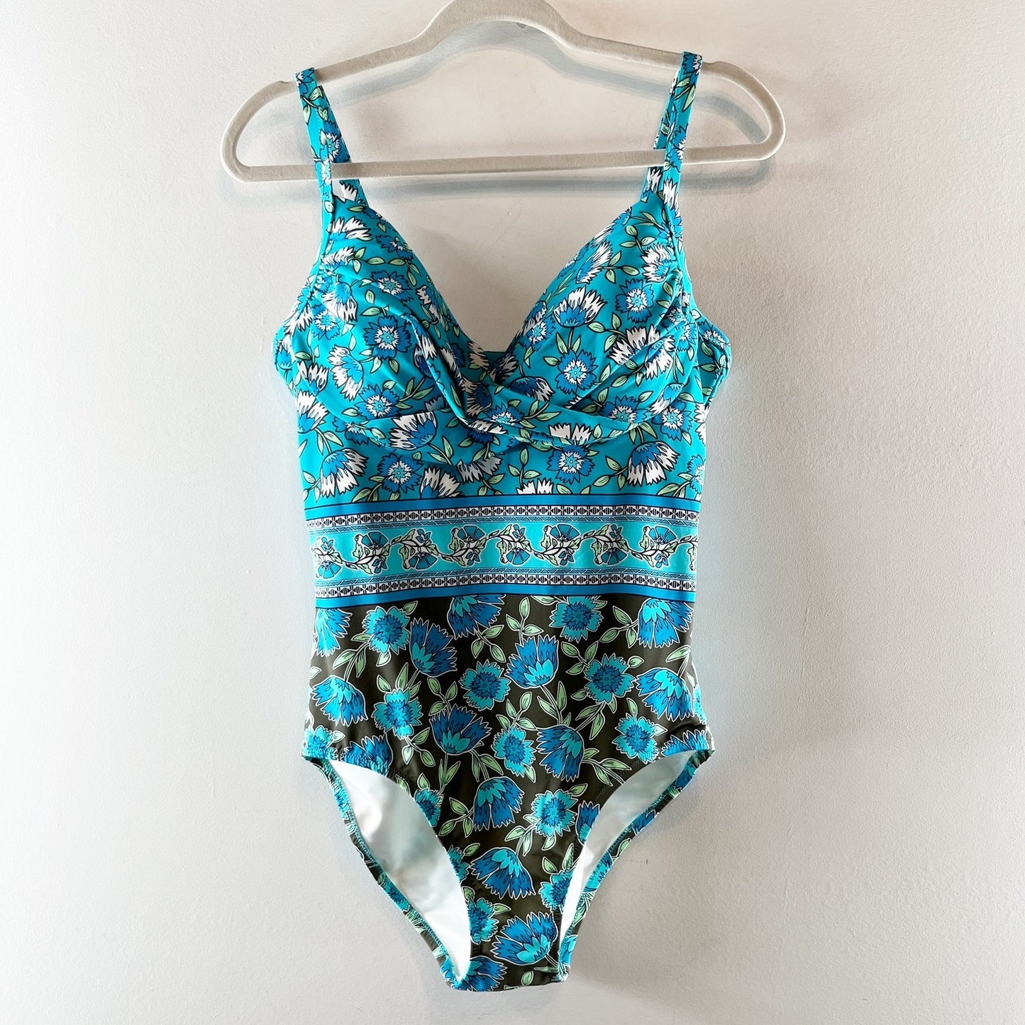 Lands' End Floral Print Twist Front Padded One Piece Swimsuit Blue Green 10