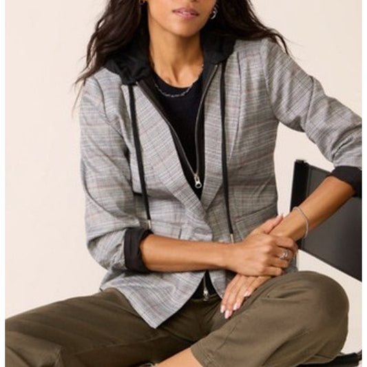 Evereve Dawson Plaid Single Breasted Hooded Dickie Blazer Jacket Gray XS