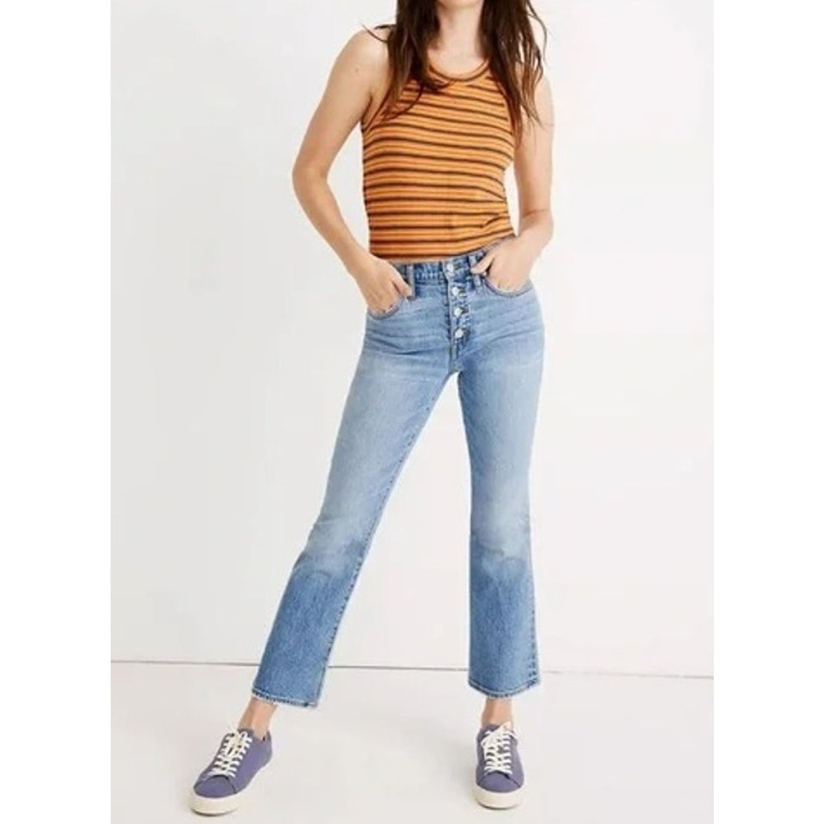 Madewell Mid Rise Cali Demi Boot Cropped Kick Flare Button Fly Jeans Blue 25
