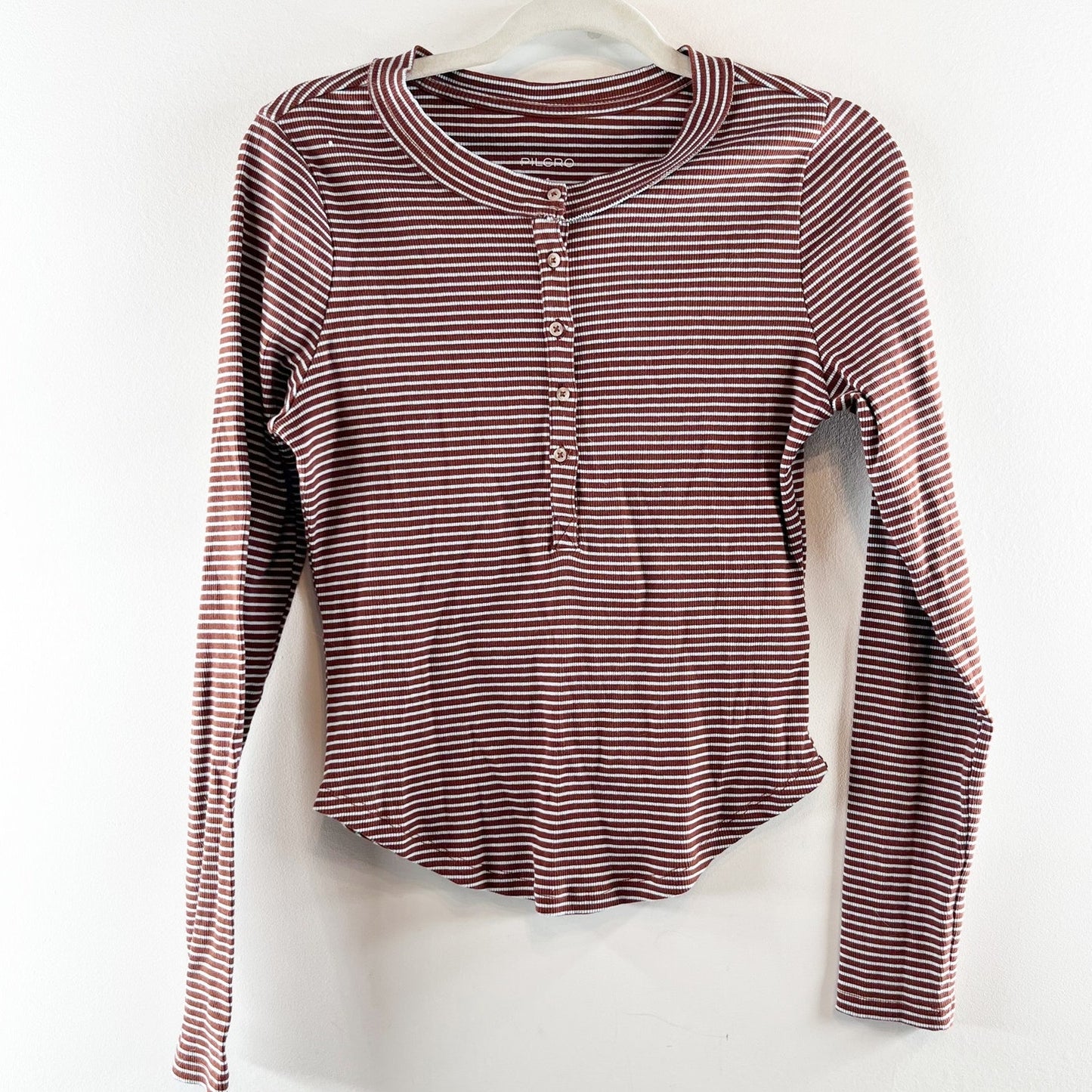 Pilcro Anthropologie Long Sleeve Ribbed Striped Henley Top Brown Stripe Small