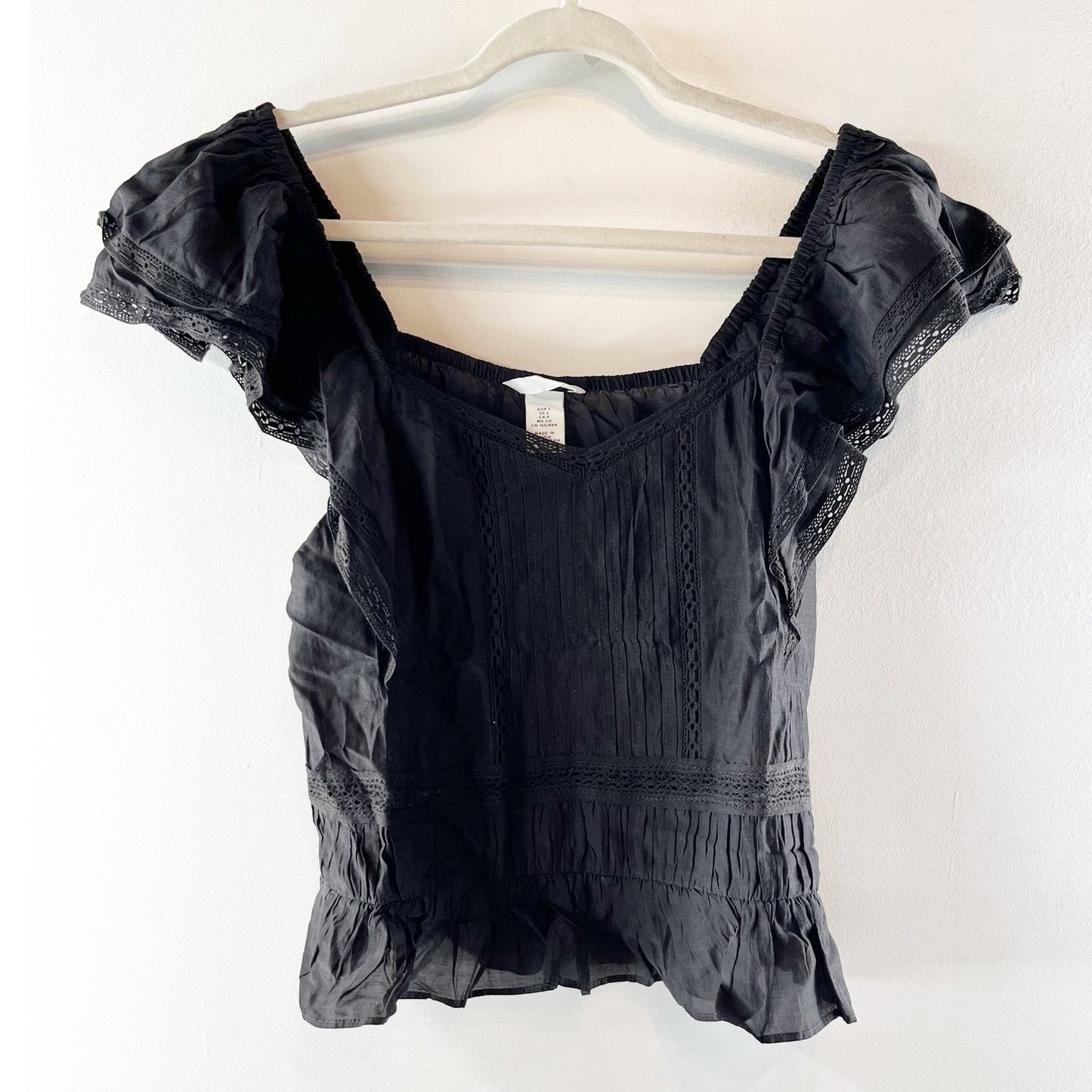 H&M Cotton Blend Cap Sleeve Lace Trim Blouse Top Black Small