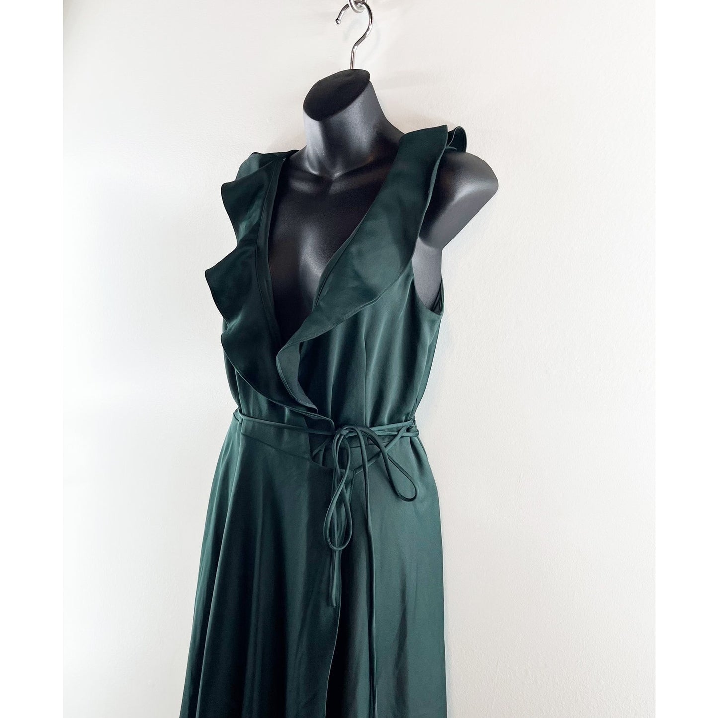 BHDLN Anthropologie Ruffle Wrap Maxi Satin Formal Dress Green 8