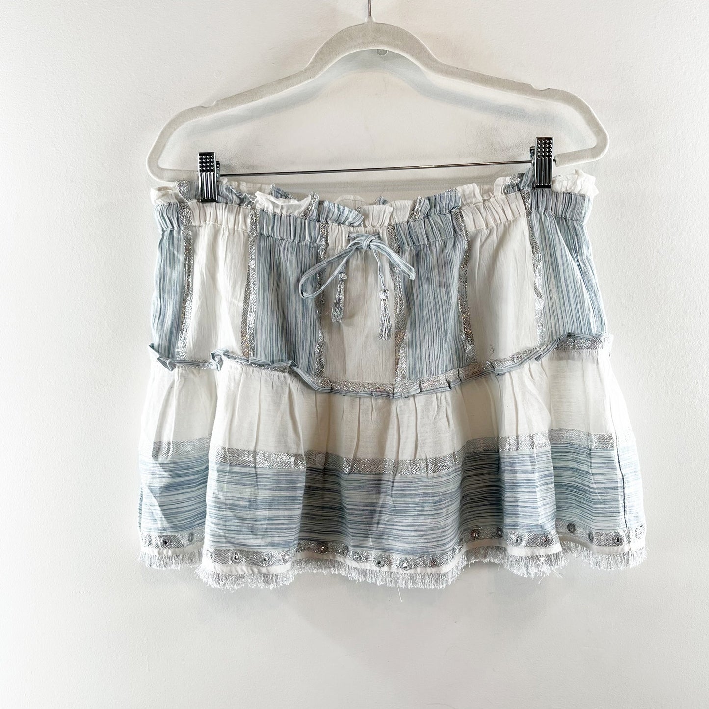 Ramy Brook Alba Faded Two Tone Metallic Fringe Mini Skirt Blue White Medium