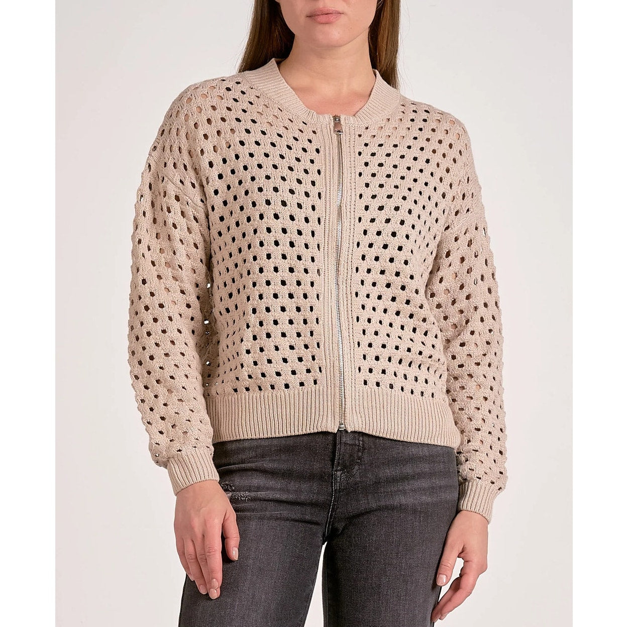 Elan Aster Long Sleeve Zip Up Crochet Bomber Cardigan Sweater Stone Medium