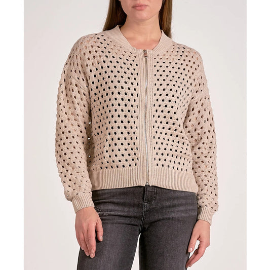 Elan Aster Long Sleeve Zip Up Crochet Bomber Cardigan Sweater Stone Medium