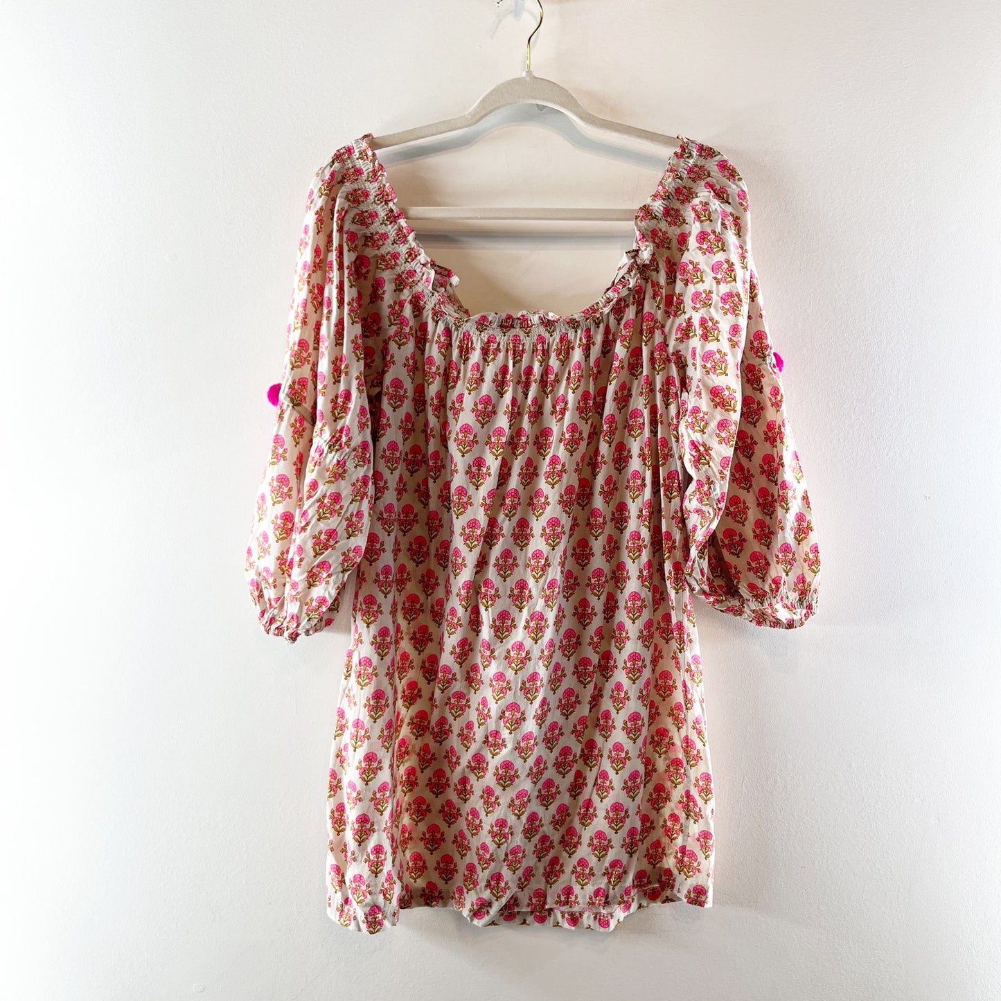 Figue Floral Print Tassel Tie Off the Shoulder Mini Dress White Pink Large