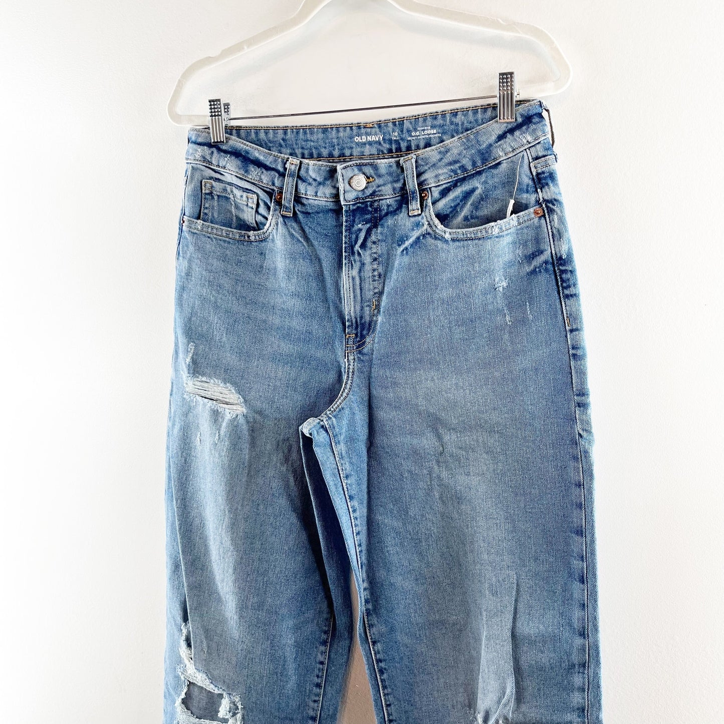 Old Navy High Rise Loose OG Secret Smooth Pockets Ripped Jeans Blue 10 Tall