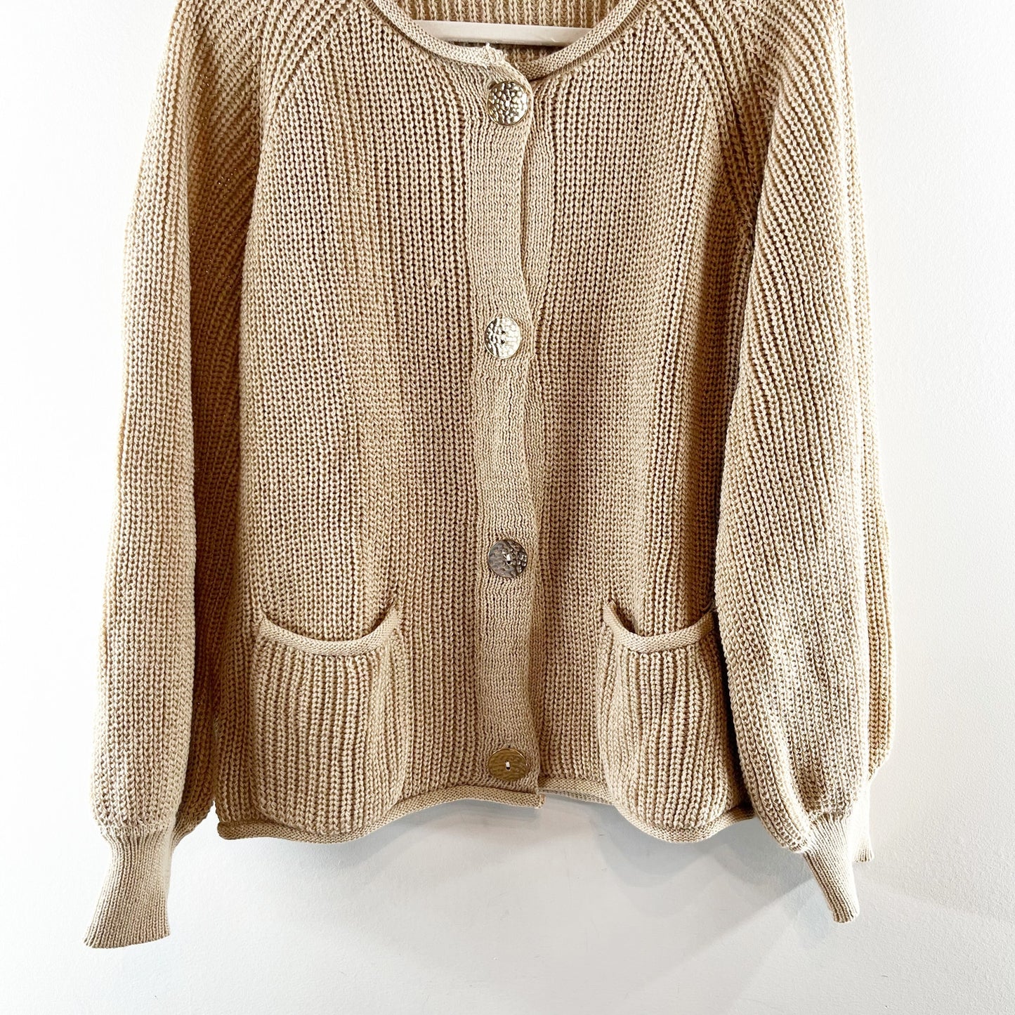 Chunky Long Sleeve Gold Button Cardigan Sweater Tan Beige Large