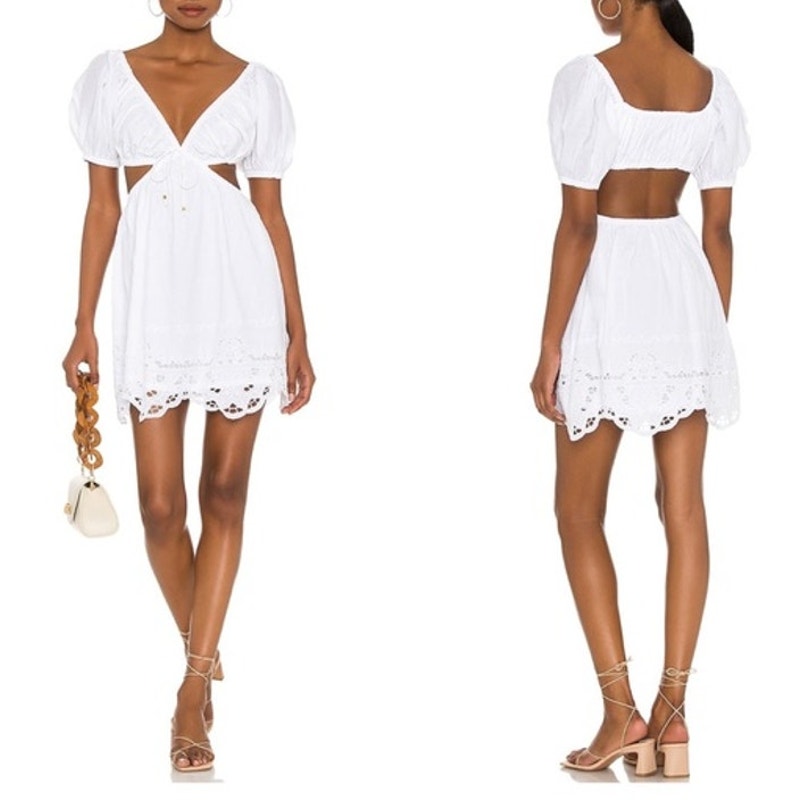 Tularosa Colleen Puff Sleeve Cutout V-Neck Eyelet Hem Mini Dress White Small