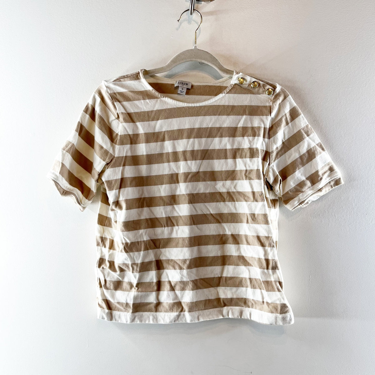 J. Crew Striped Cotton Short Sleeve Tee Shirt Gold Buttons Cream Tan Small