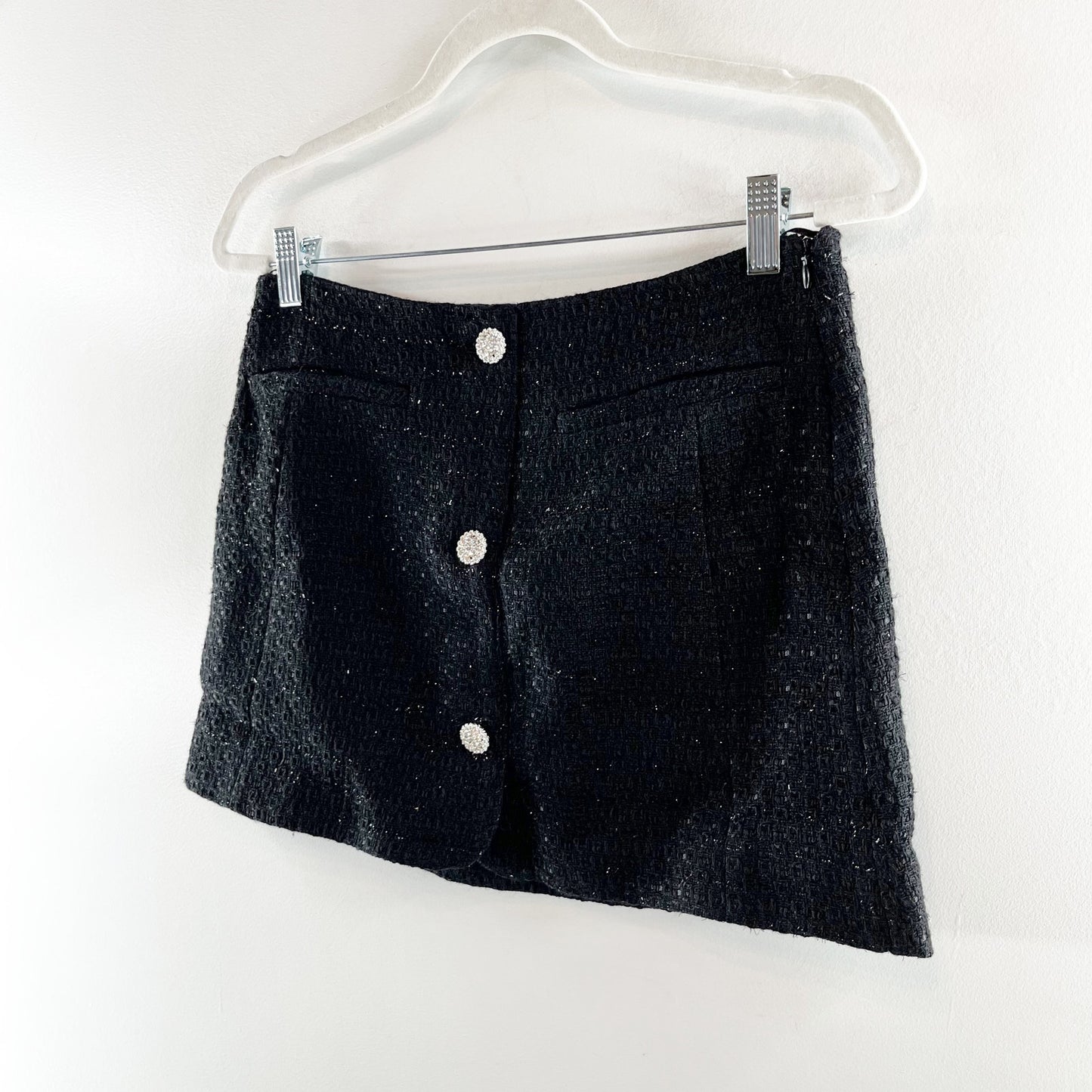 ZARA Tweed Rhinestone Button Up Mini Skirt Black Medium