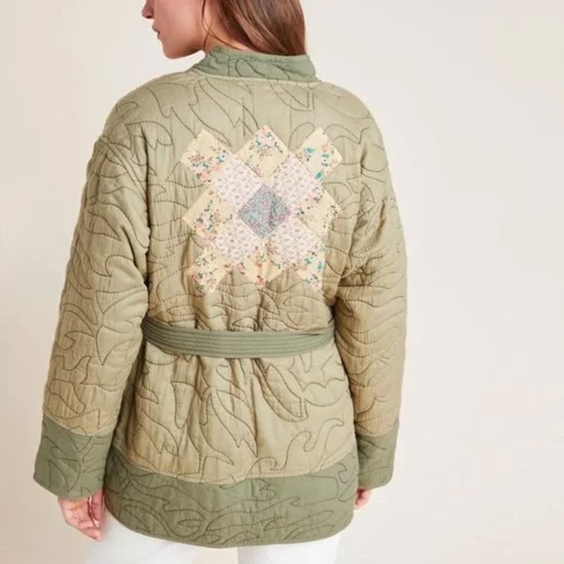 Anthropologie Quilted Kimono Patchwork Wrap Belted Jacket Green Small