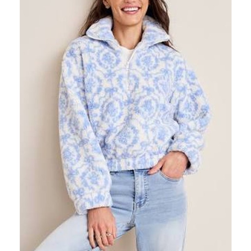 Stoosh Long Sleeve Sherpa Fleece Quarter Zip Pullover Jacket Blue White Small