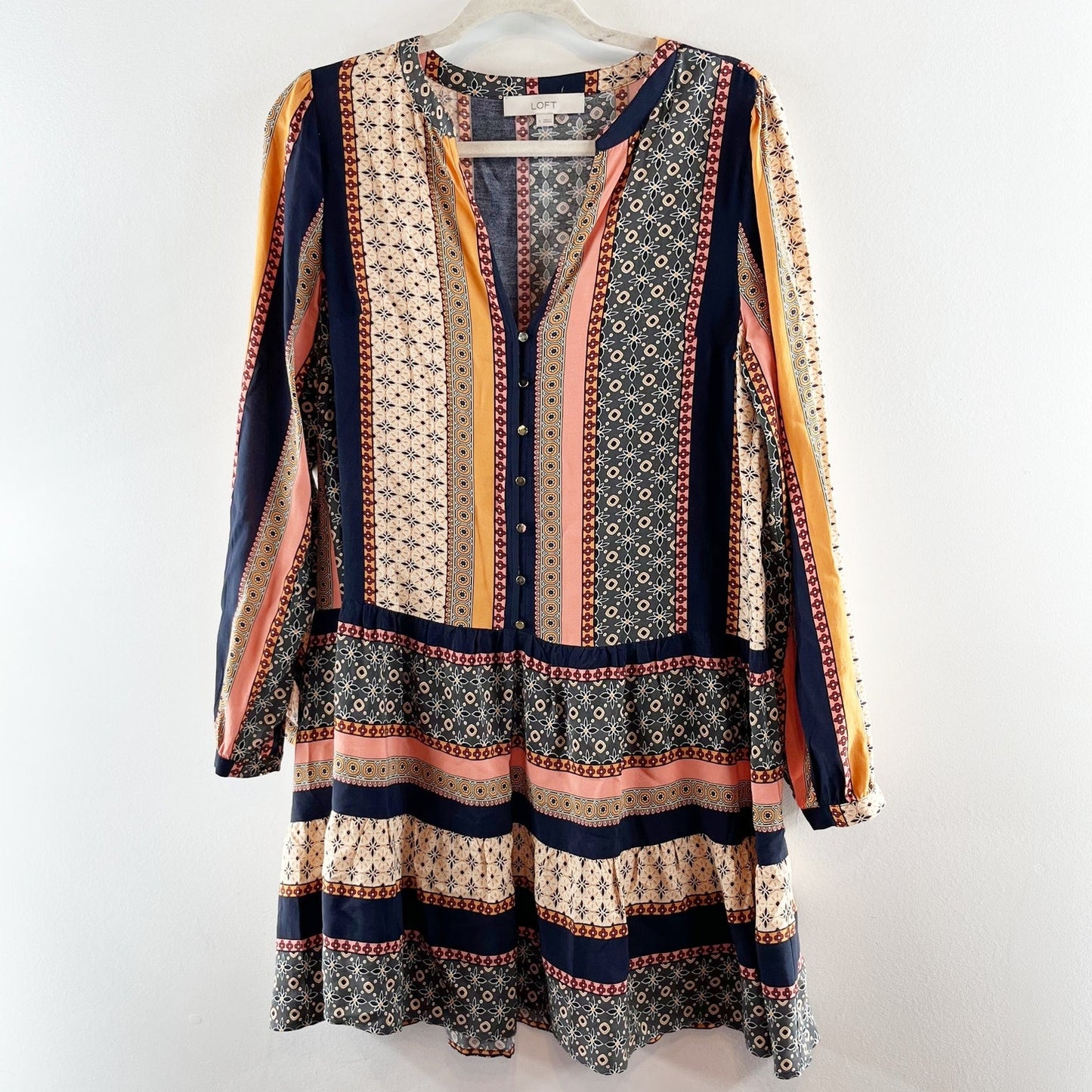 LOFT Foulard Long Sleeve Striped Tunic Mini Boho Dress Blue Orange Small